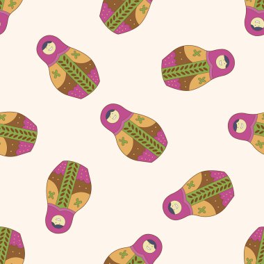 Matryoshka, Rus geleneksel ahşap oyuncak, karikatür Dikişsiz desen arka plan