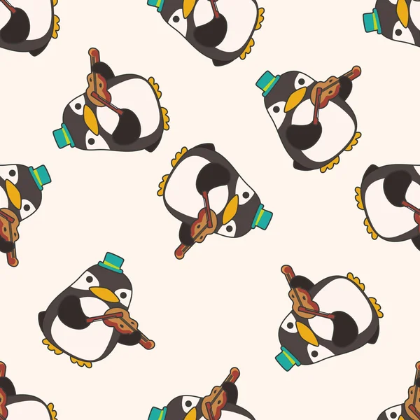 Animal pingüino jugando instrumento de dibujos animados, dibujos animados sin costura patrón de fondo — Vector de stock