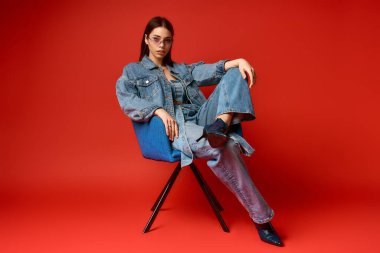 Genç bir kadın, parlak kırmızı stüdyo arkaplanına karşı şık kot tarzını sergiliyor..