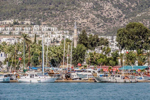 Bodrum marinası, hindi, arka planda cami minaresi olan tekneler, yatlar ve turistler.