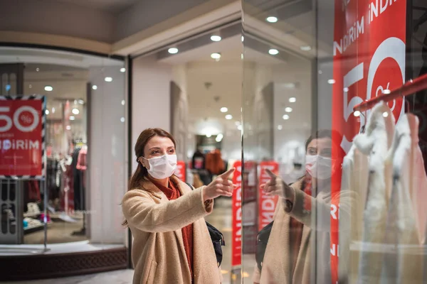 Beautiful Girl Wearing Protective Medical Mask Fashionable Clothes Looks Clothes Stock Image