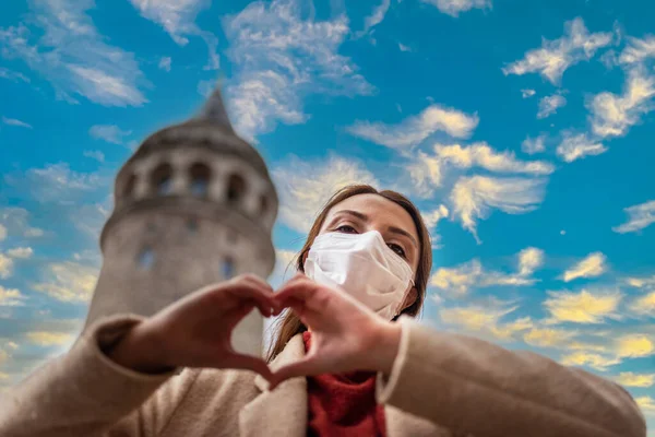 Beautiful Girl Wearing Protective Medical Mask Fashionable Clothes Does Heart Stock Image