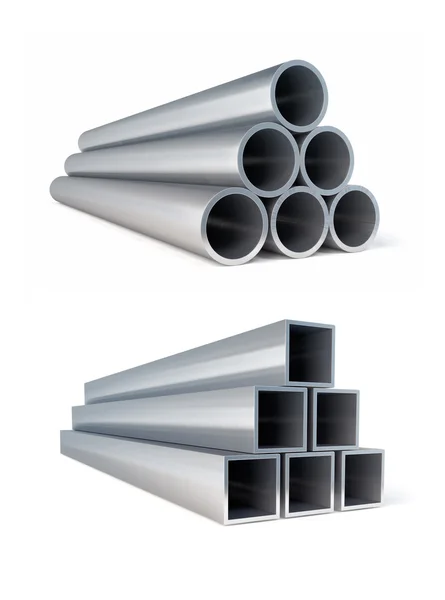 Pilas de tubos metálicos círculo y rodillos cuadrados de metal — Foto de Stock