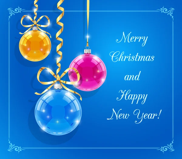 Carte de Noël avec boules et rubans brillants — Image vectorielle
