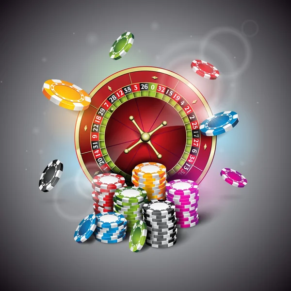 Illustrazione vettoriale su un tema da casinò con ruota della roulette e chip su sfondo scuro . — Vettoriale Stock