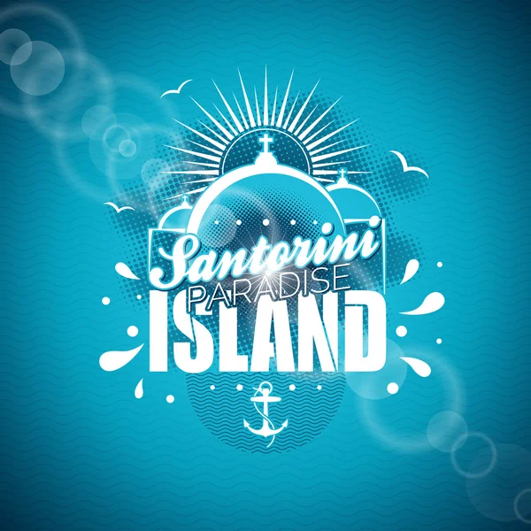 Vector Santorini Paradise Island ilustração com desenho tipográfico sobre fundo azul . — Vetor de Stock
