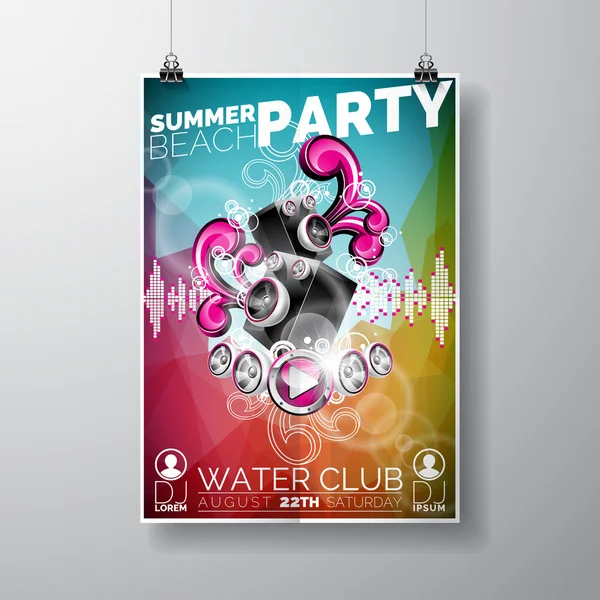 Vector Summer Beach Party Flyer Design s reproduktory na barevném pozadí. Eps10 ilustrace. — Stockový vektor