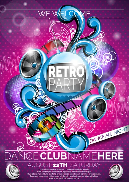 Vector Retro Party Flyer Design con altoparlanti sfondo rosa. Illustrazione Eps10. — Vettoriale Stock