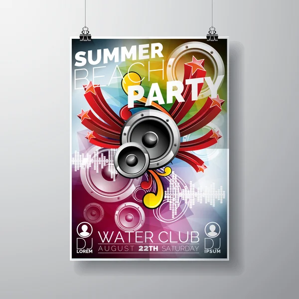 Vector Summer Beach Party Flyer Design mit Lautsprechern auf farbigem Hintergrund. Illustration Eps10. — Stockvektor