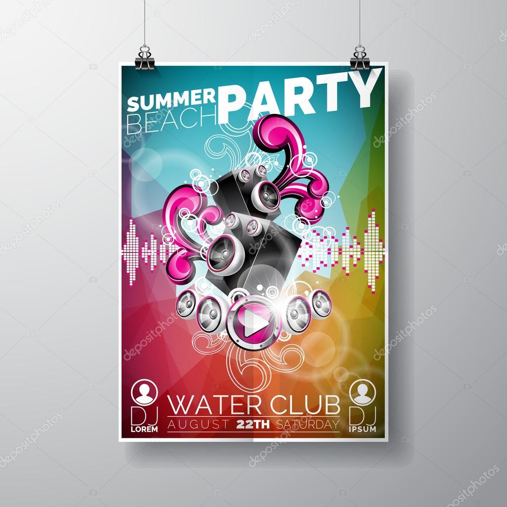 Vector Summer Beach Party Flyer Design with speakers on color background. Eps10 illustration.