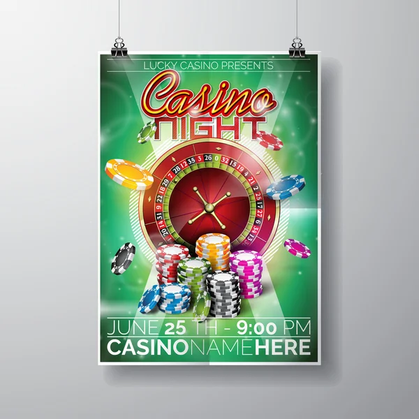 Vector Party Flyer design su un tema Casino con chip e roulette ruota su sfondo verde . — Vettoriale Stock