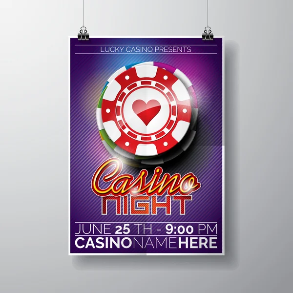 Vector Party Flyer diseño en un tema de Casino con fichas y texto tipográfico sobre fondo violeta . — Archivo Imágenes Vectoriales