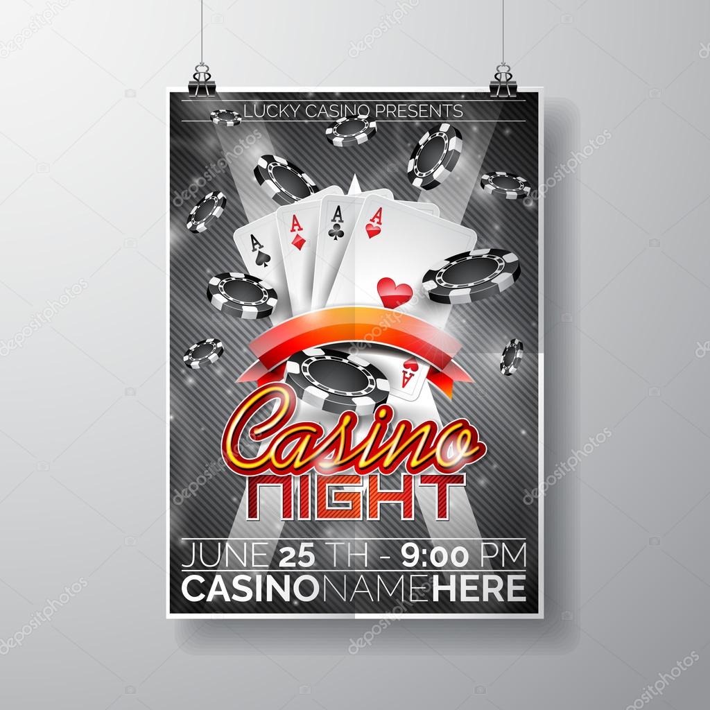 Vector Party Flyer design on a Casino theme with chips and cards on dark background.