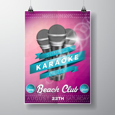 Mikrofon ile bir yaz Karaoke partisi tema üzerine el ilanı illüstrasyon vektör ve menekşe arka plan üzerinde şerit.