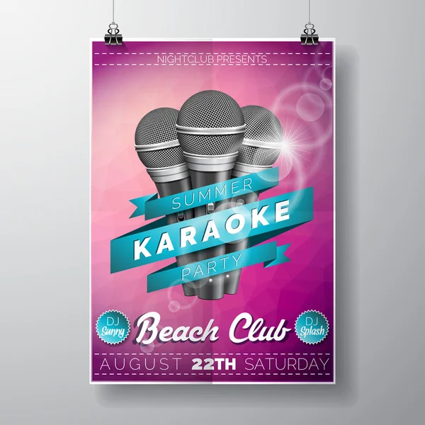 Ilustración del folleto vectorial sobre un tema de fiesta de karaoke de verano con micrófonos y cinta sobre fondo violeta . — Archivo Imágenes Vectoriales