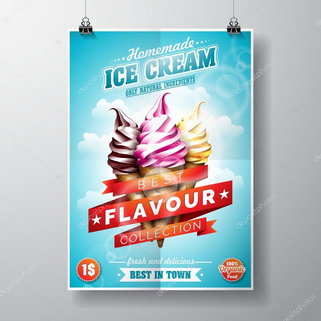 Vector delicious Ice Cream Flyer Design on sky background.