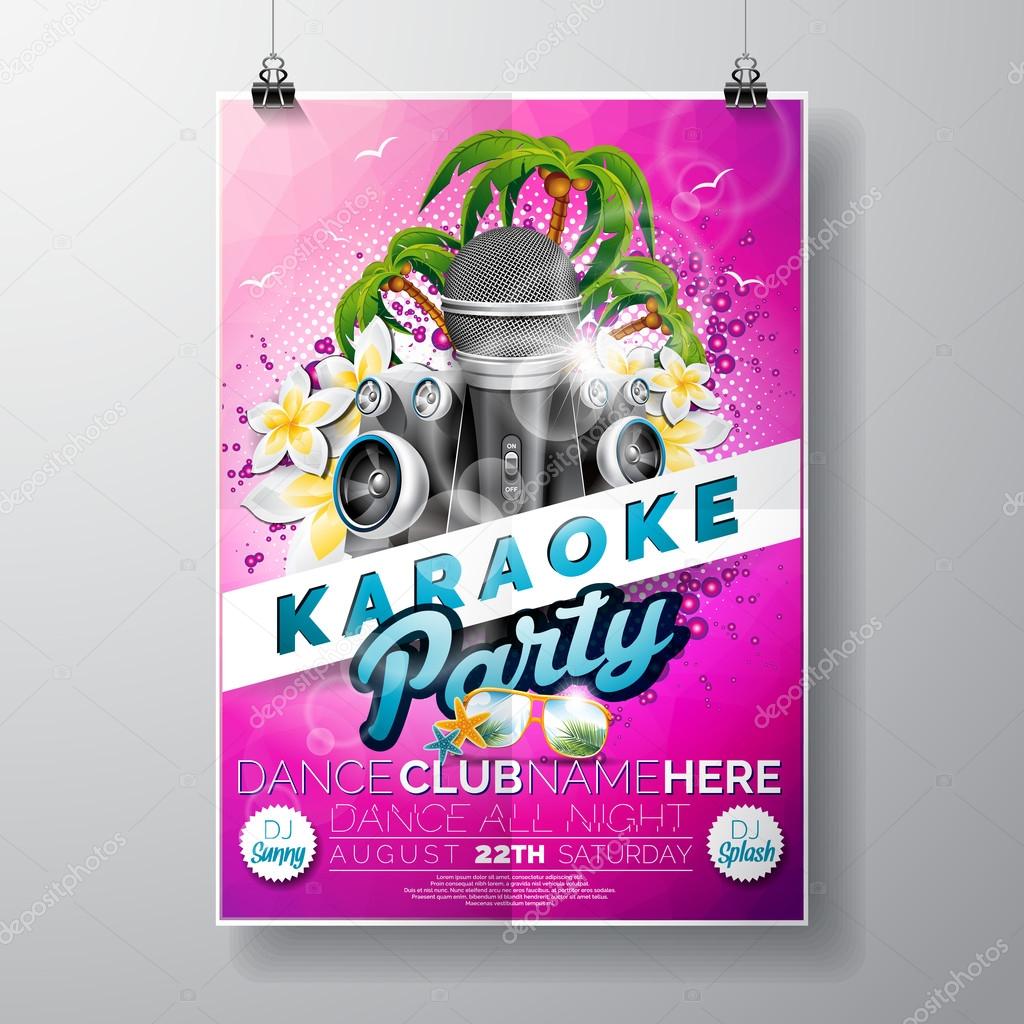Vector Flyer illustration on a Summer Karaoke Party theme with microphones and ribbon on violet background.