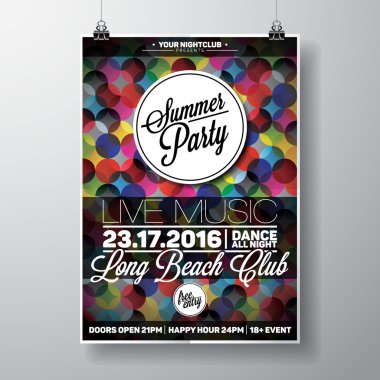 Tipografik öğelerin ve kopya alanı renk daire arka plan üzerinde vektör yaz plaj partisi el ilanı tasarımı.
