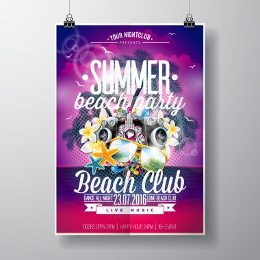 Vektör yaz plaj partisi el ilanı tasarımı ile tipografik ve okyanus manzara arka planda müzik öğeleri.