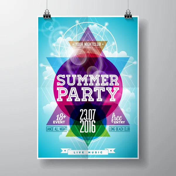 Vector Summer Beach Party Flyer Design con elementi tipografici e spazio copia su sfondo a triangolo colore . — Vettoriale Stock