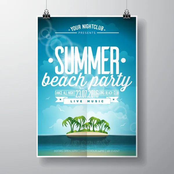 Vector Summer Beach Party Flyer Design avec des éléments typographiques sur fond de paysage océanique . — Image vectorielle