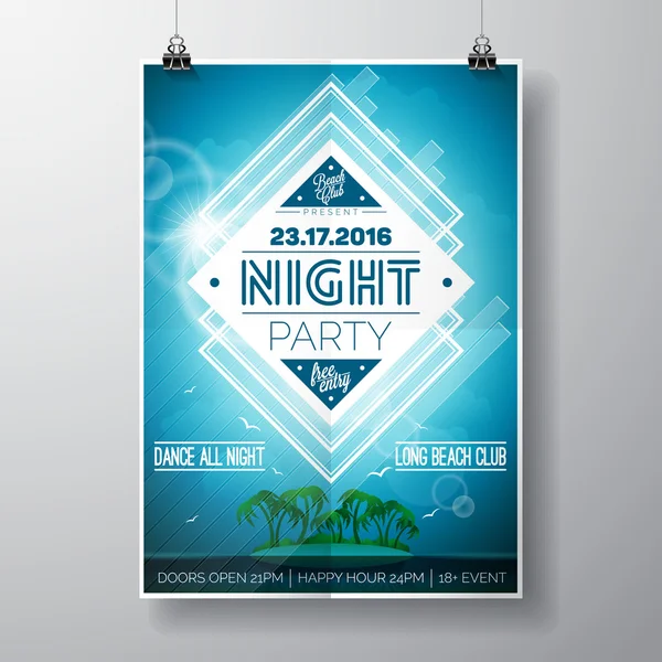 Vector Summer Beach Party Flyer Design with typographic elements and copy space on ocean landscape background. — Stock Vector