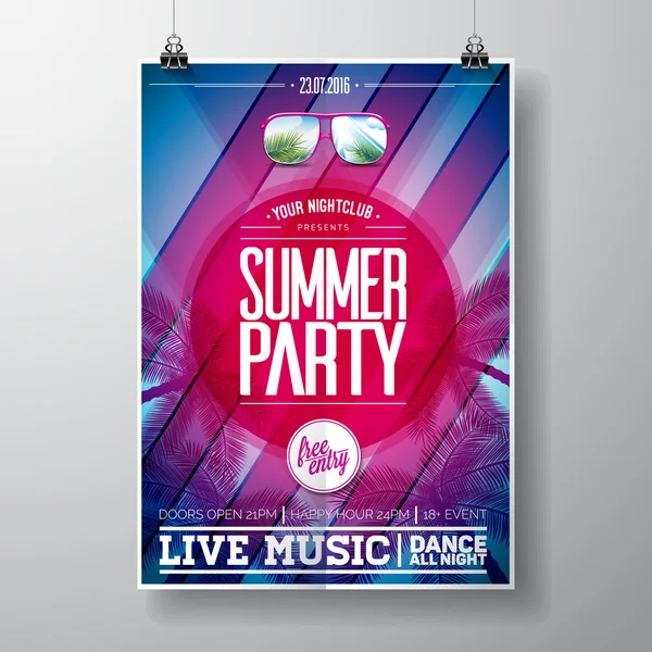 Vector Summer Beach Party Flyer Design with typographic elements and copy space on color palm background. — Stock Vector