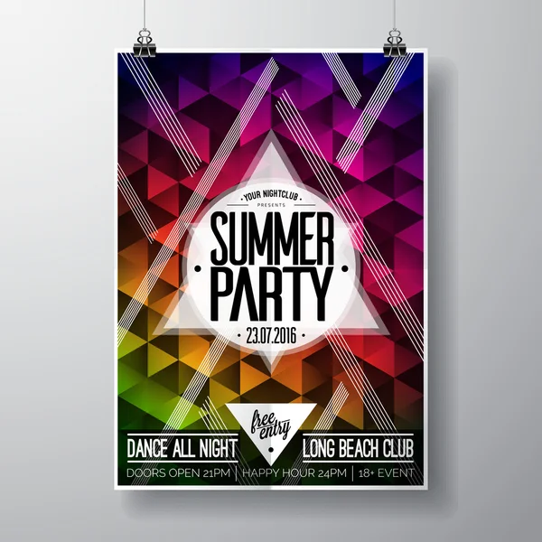 Vektorové letní Beach Party Flyer Design s typografickými prvky a místo kopírování na barevný trojúhelník pozadí. — Stockový vektor