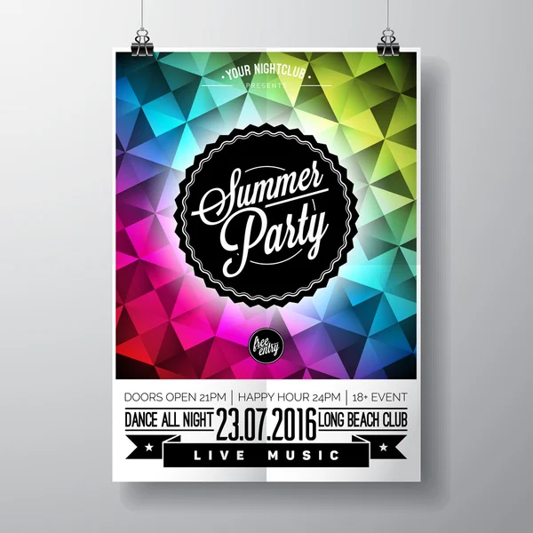 Vector Summer Beach Party Flyer Design com elementos tipográficos e espaço de cópia no fundo triângulo de cores . — Vetor de Stock