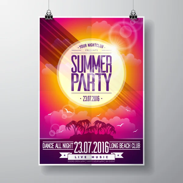 Vector Summer Beach Party Flyer Design avec des éléments typographiques sur fond de paysage océanique . — Image vectorielle