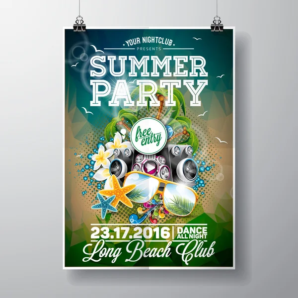 Vector Summer Beach Party Flyer Design with typographic and music elements on ocean landscape background.