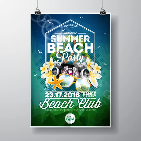 Vector sommaren Beach Party Flyer Design med typografiska och musik element på abstrakt bakgrund — Stock vektor