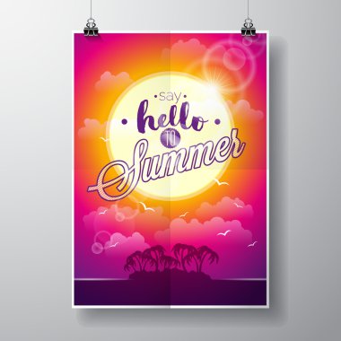 Merhaba yaz ilham alıntı deniz manzarası arka plan üzerinde de. Vektör tipografi tasarım öğesi için tebrik kartları ve posterler