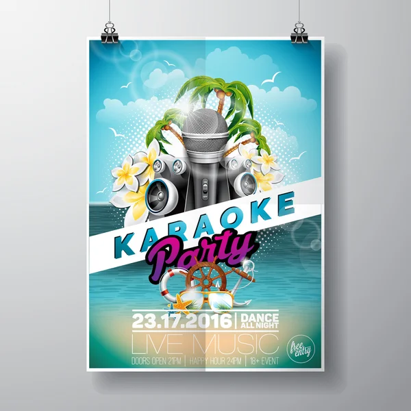 Vector Flyer ilustração em um tema de festa de karaoke de verão com microfones e fita no fundo da paisagem oceânica . — Vetor de Stock
