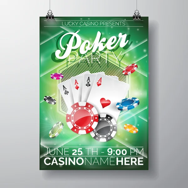 Vektor Party Flyer Design auf einem Casino-Thema mit Chips und Karten auf grünem Hintergrund. — Stockvektor