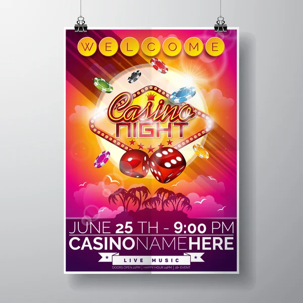 Vektör parti el ilanı tasarımı üzerinde bir Casino Tema cips ve dices okyanus manzara arka plan üzerinde.