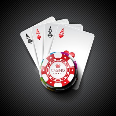 Casino Tema yongaları ve poker kartları koyu arka plan üzerinde oynarken renk ile vektör çizim.