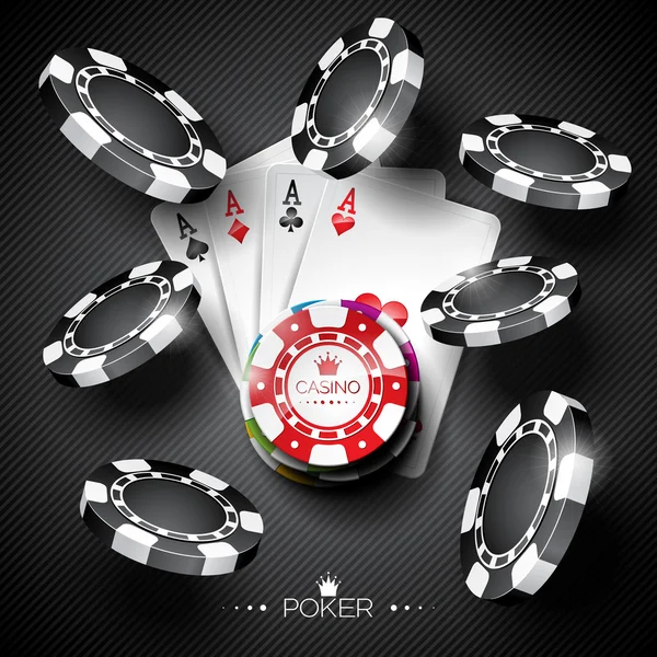 Ilustração vetorial em um tema de cassino com fichas de jogo a cores e cartas de pôquer em fundo escuro . — Vetor de Stock