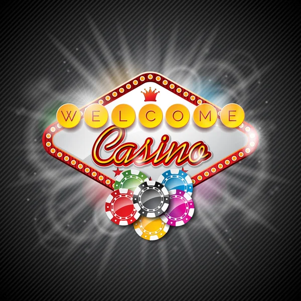 Illustration vectorielle sur un thème de casino avec des puces de jeu en couleur et un écran d'éclairage sur fond sombre . — Image vectorielle