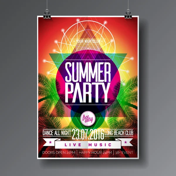 Vector Summer Beach Party Flyer Design con elementi tipografici su sfondo astratto di palma . — Vettoriale Stock