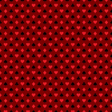 Vektör sorunsuz casino desen illüstrasyon koyu kırmızı zemin üzerine oyun kağıdı sembollerle.
