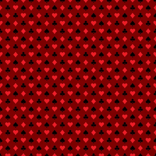 濃い赤の背景にトランプ記号ベクトル シームレスなカジノ パターン図. — ストックベクタ