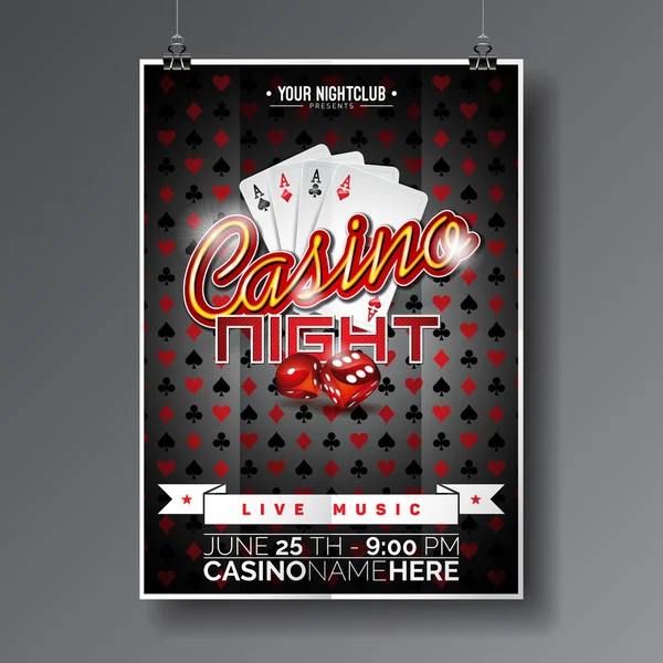 Vector Party Flyer design su un tema Casino con carte da gioco e dadi su sfondo scuro . — Vettoriale Stock