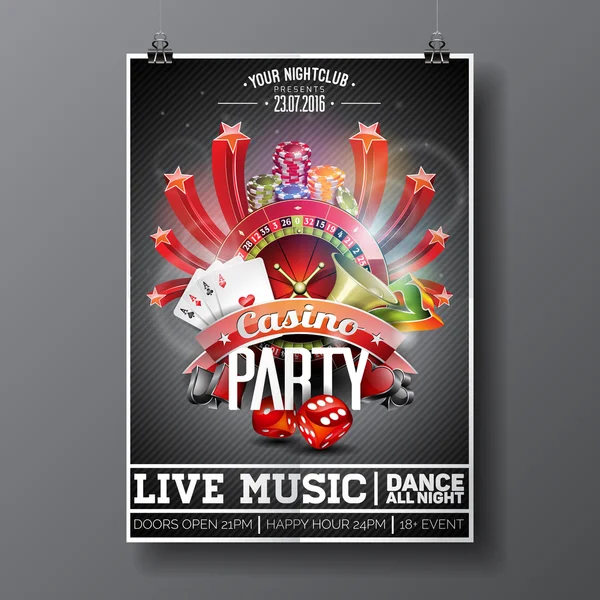 Vector partij Flyer ontwerpen over het thema van een Casino met roulettewiel en spel kaarten op donkere achtergrond. — Stockvector