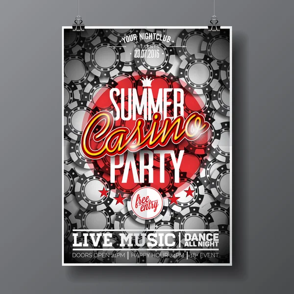 Vector Summer Party Flyer design su un tema Casino con chip su sfondo scuro . — Vettoriale Stock