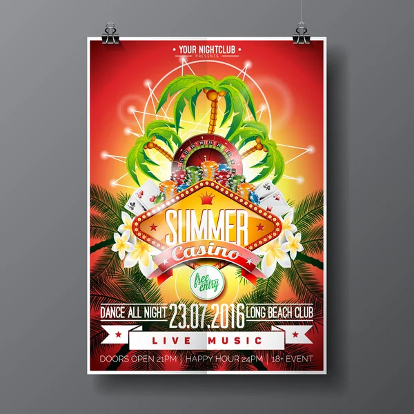 Vektor Party Flyer Design auf einem Casino-Thema mit Roulette-Rad und Spielkarten auf Palmenhintergrund. — Stockvektor