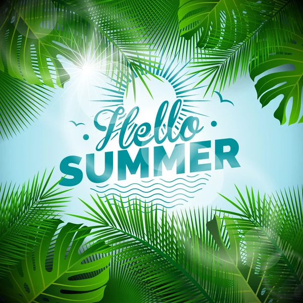 Γεια σας καλοκαίρι τυπογραφικές εικονογράφηση φορέας με τροπικά φυτά σε ανοιχτό μπλε φόντο. — Διανυσματικό Αρχείο