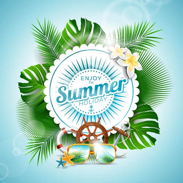 Vector Enjoy the Summer Holiday typographic illustration with tropical plants and seasons elements on light blue background. — Stock Vector