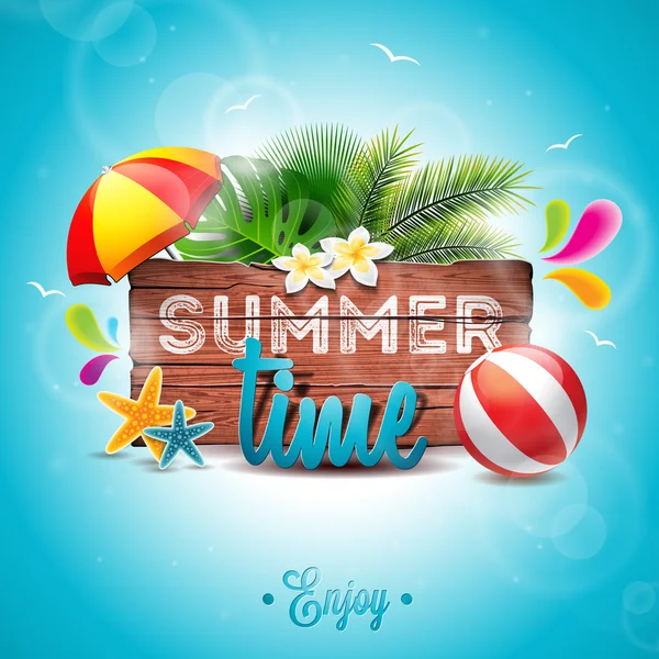 Vector Summer Time Holiday typographic illustration on vintage wood background. Tropical plants, flower, beach ball and sunshade. — Stock Vector