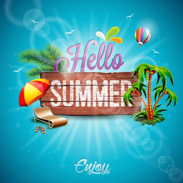 Vector Hello Summer Ilustración tipográfica de vacaciones con plantas tropicales, flores y globo aerostático sobre fondo de madera vintage — Archivo Imágenes Vectoriales